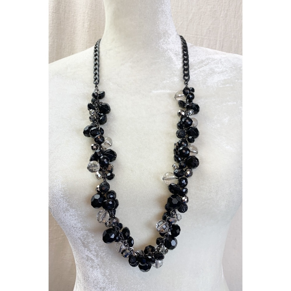 Long Black chain faceted bead cluster necklace
